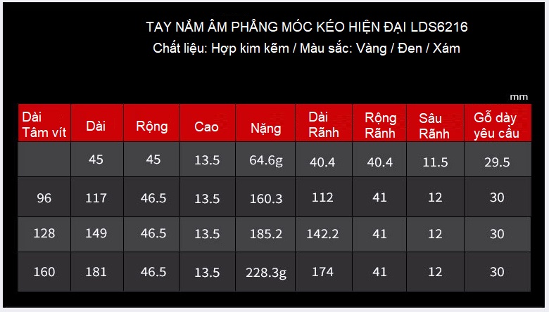 Tay nắm tủ âm phẳng kéo nhiều màu LDS6216 13