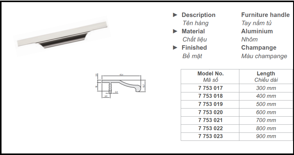 Tay nắm tủ hiện đại Imundex 7753 300-900 3