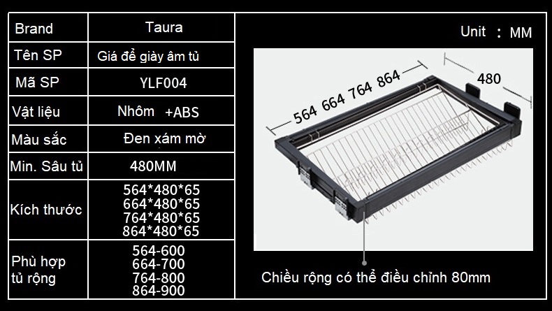 Kích thước Kệ để giày âm tủ áo ray trượt giảm chấn YLF003D