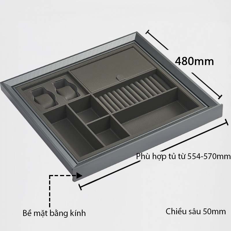 Ngăn kéo chia ô đựng trang sức bọc da tay nắm kính YLF051 15