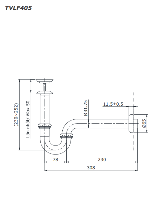 Cổ thoát vòi nước kèm ống thải chữ P TOTO TVLF405 1