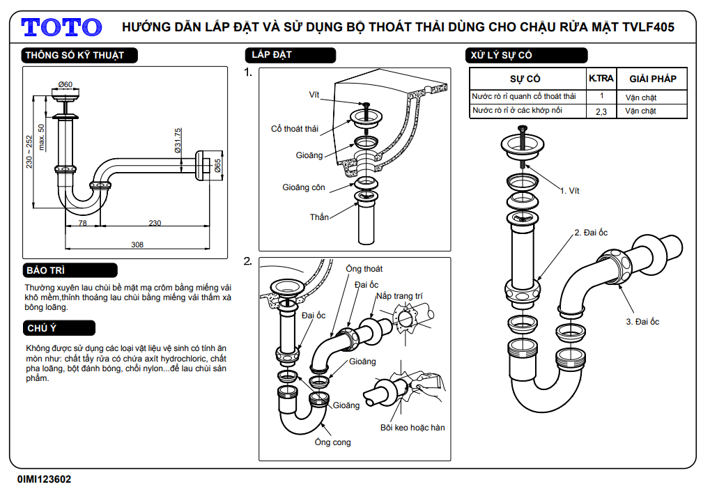 Cổ thoát vòi nước kèm ống thải chữ P TOTO TVLF405 2