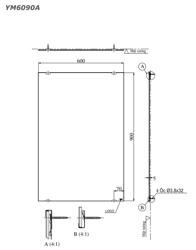 Gương soi hình chữ nhật hiện đại loại lớn TOTO YM6090A 2