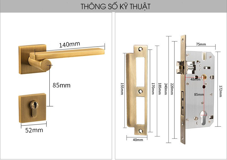 Khoá cửa hiện đại vàng đồng kiểu Pháp BR7-98A 14