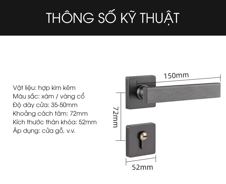 Khoá cửa phòng hợp kim kẽm màu xám ghi BR99201-A 14