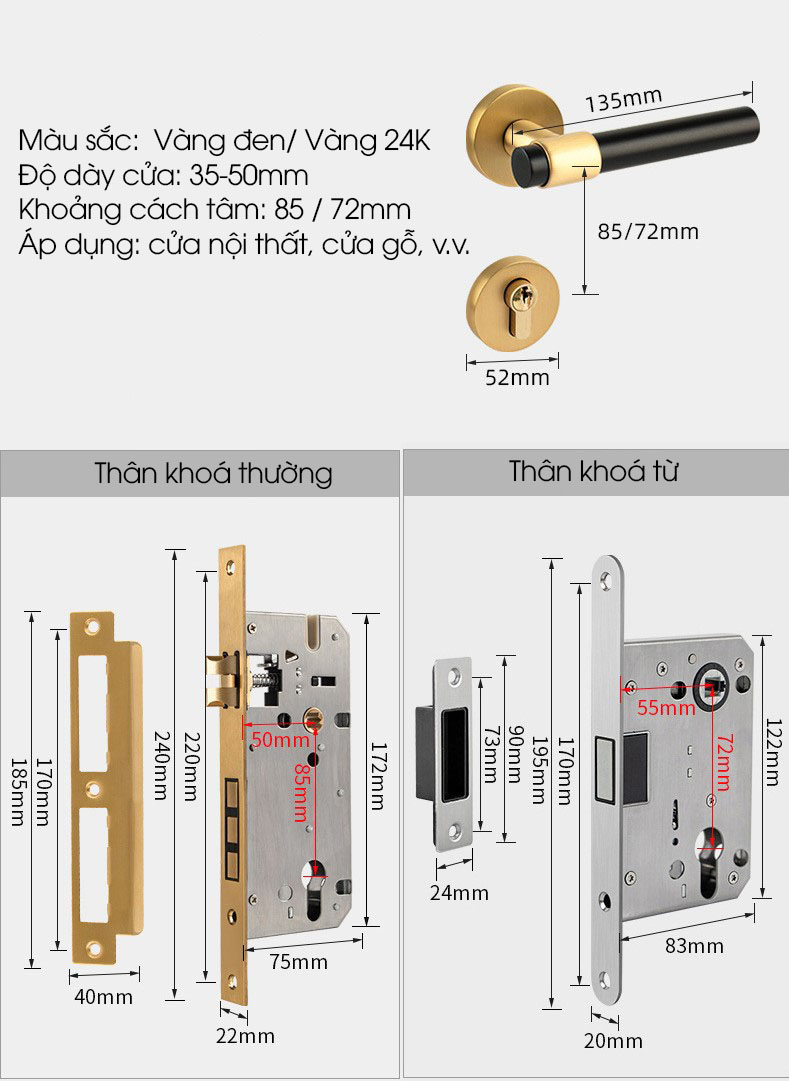 Khoá tay gạt đồng kiểu Pháp màu vàng đen BR7-82A 13