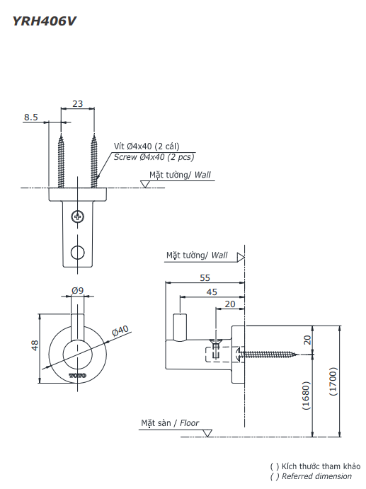 Móc đơn treo quần áo gắn tường TOTO YRH406V 2