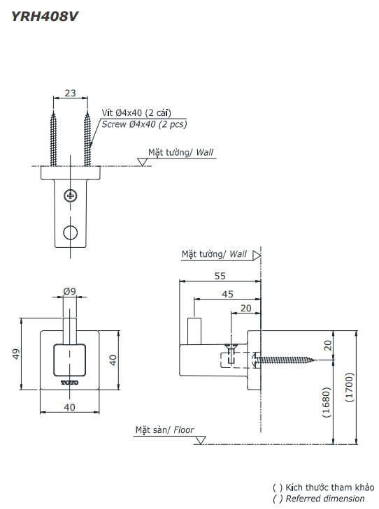 Móc đơn treo quần áo gắn tường TOTO YRH408V 2