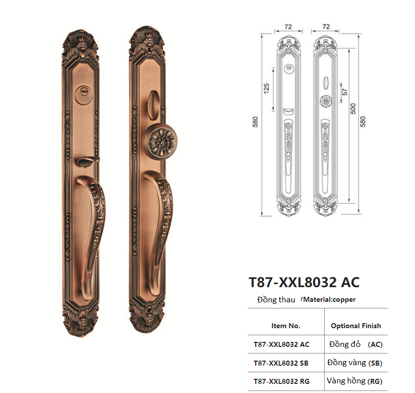 Khóa cửa chính cho biệt thự bằng đồng T87-XXL8032 13