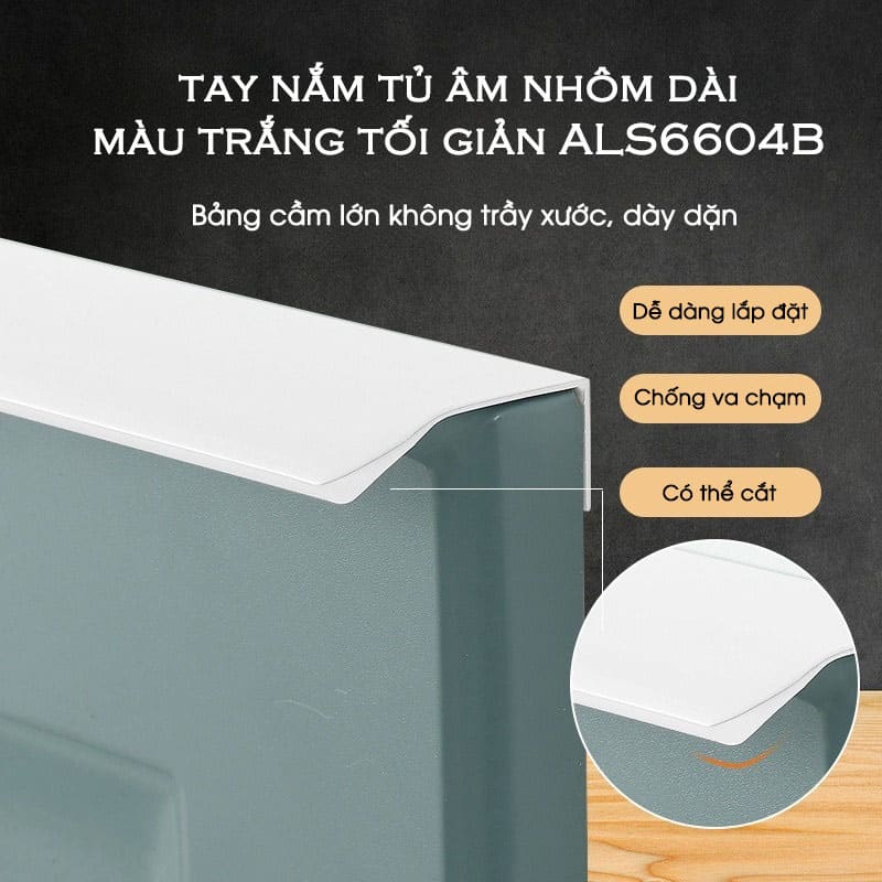 Tay nắm tủ âm nhôm dài màu trắng chữ F ALS6604BF 44