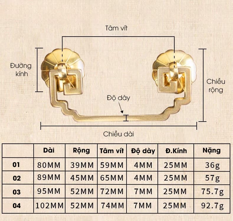 Tay nắm tủ đồng thau cổ điển Á Đông T2808 10