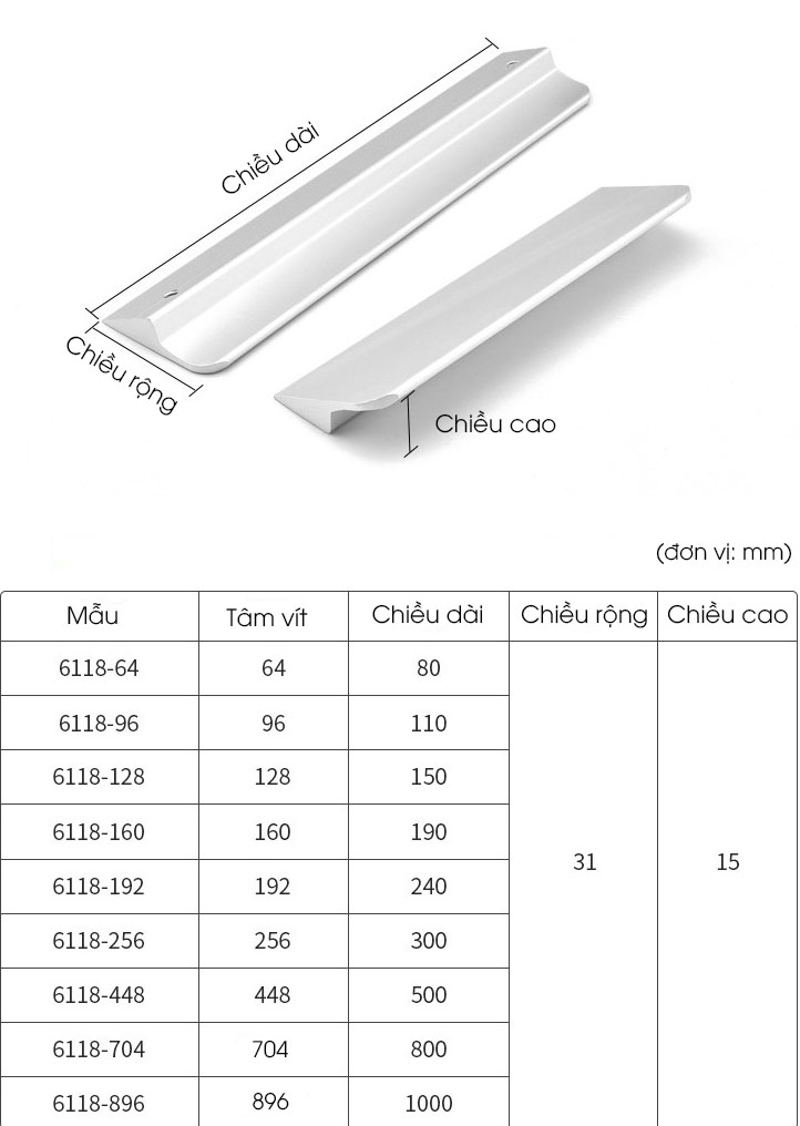 Tay nắm tủ hợp kim nhôm hiện đại màu bạc ALS6118-A 14