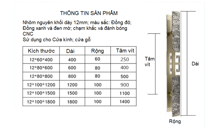 Kich thuoc Tay nắm cửa hợp kim nhôm hoa văn cổ điển